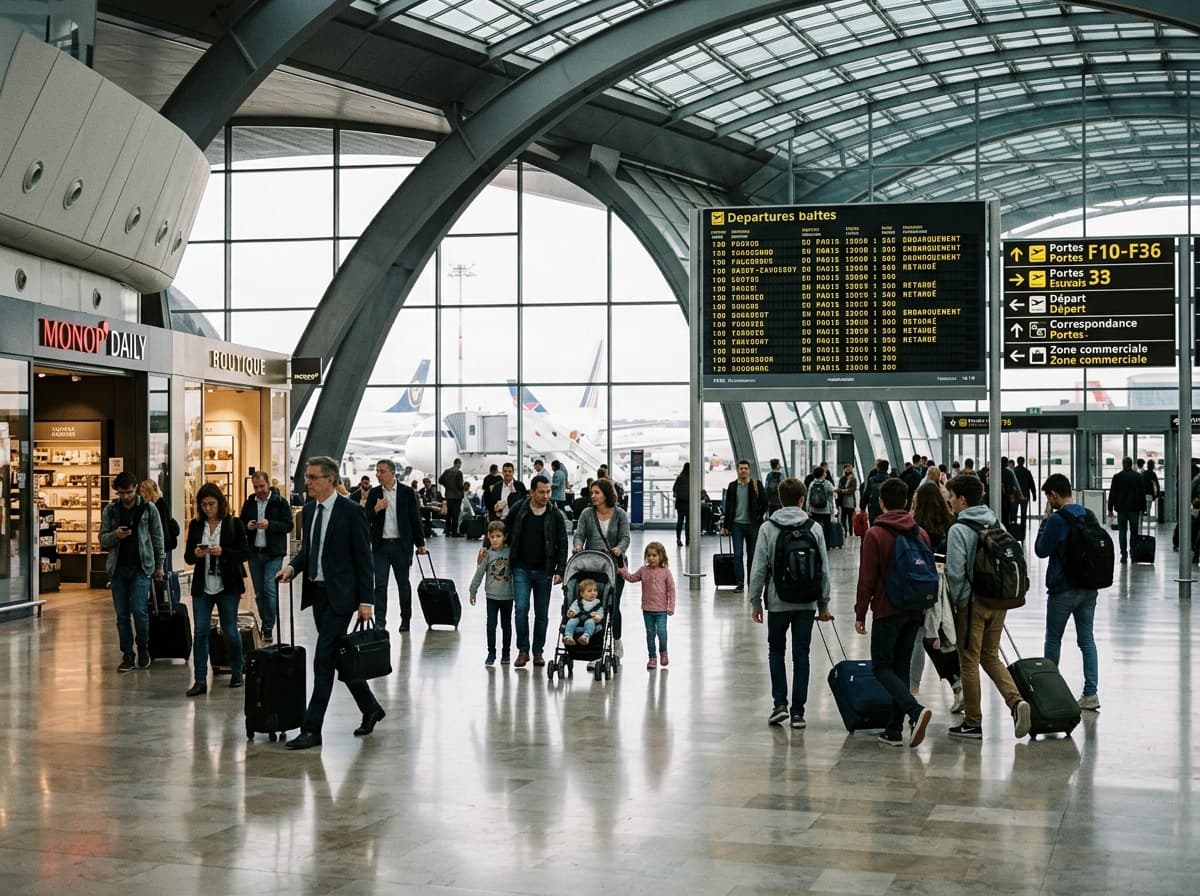 Travellers walking through an airport terminal